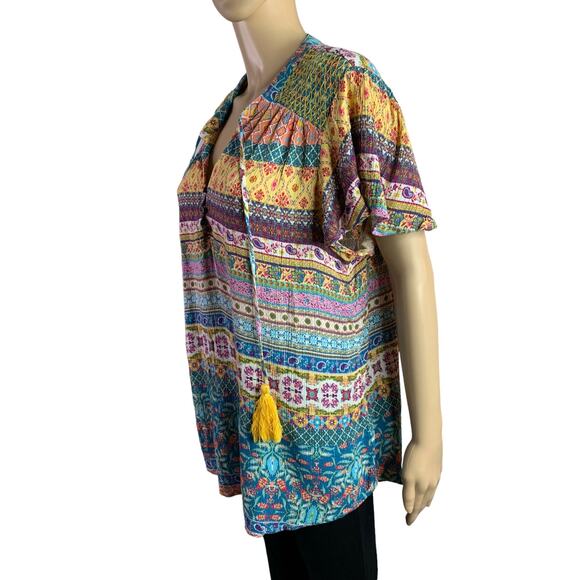 One World Women's XL Blouse Boho Metallic Threading Short Sleeve V Neck Tassels - Picture 6 of 12
